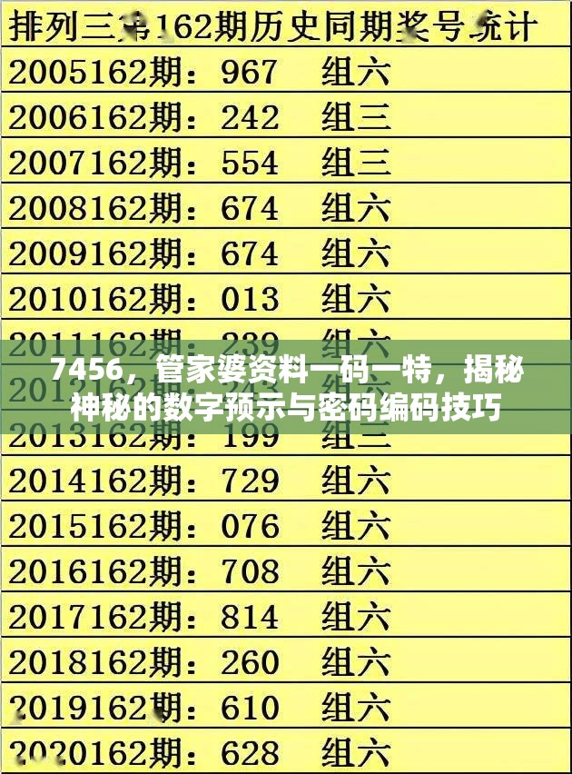 7456，管家婆资料一码一特，揭秘神秘的数字预示与密码编码技巧